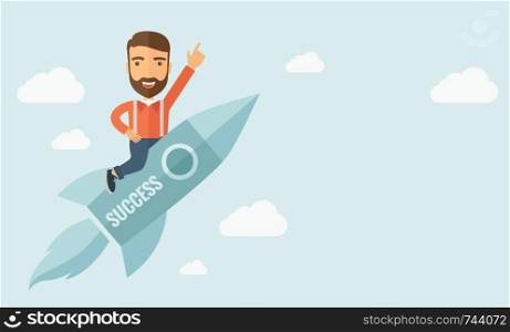Happy businessman flying on a rocket with caption success and showing direction of movement suited for business start up concept design.A Contemporary style with pastel palette, soft blue tinted background with desaturated clouds. Vector flat design illustration. Horizontal layotu with text space on lower right part.. Business start up
