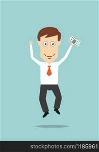 Happy businessman funny jumping with money in hand for bonus or success concept design. Cartoon flat style. Businessman jumping with money in hand