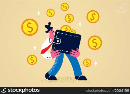 Happy businessman hold wallet with money get deposit from investment in bank. Smiling man excited with financial success or lottery win. Finance and savings concept. Flat vector illustration. . Happy businessman hold wallet full of money