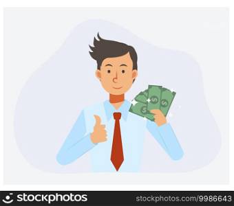 Happy businessman holding cash dollar and thumb up.money concept ,success, goal achievement, Bonus , Flat vector cartoon character. Business concept.