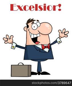 Happy Businessman Holding His Arms Up By A Briefcase Under Excelsior