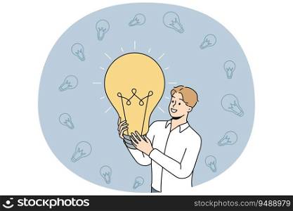 Happy businessman holding lightbulb excited about creative business idea. Smiling man employee generate innovative project. Innovation concept. Vector illustration.. Smiling businessman holding lightbulb
