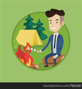 Happy businessman in suit sitting on a log near campfire and roasting marshmallow over campfire on the background of camping site. Vector flat design illustration in the circle isolated on background.. Businessman roasting marshmallow over campfire.