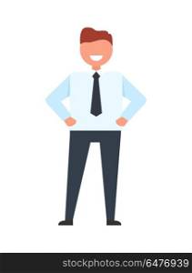 Happy Businessman in Suit Vector Illustration. Happy businessman wearing white shirt, black tie and trousers, standing with happy smile on his face vector illustration isolated on white
