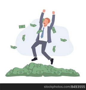 Happy businessman jump high with money rain. salary increase ,win lottery. Flat vector illustration.