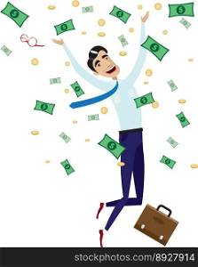 Happy businessman jumping with money vector image