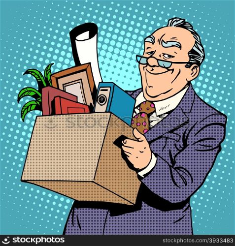 Happy businessman leaves the office on a pension. Old age and pensioners. Business topic time and social security. Happy businessman goes from the office to a pension