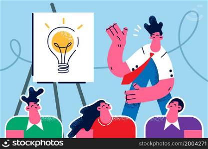 Happy businessman make flip chart presentation develop business idea for diverse colleagues at meeting. Smiling man speaker or presenter lead briefing brainstorm in office. Flat vector illustration. . Happy businessman make presentation develop business idea