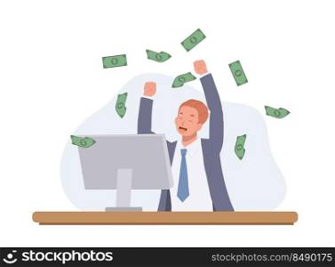 Happy Businessman making a lot of money on internet. win the prize, get money concept. Flat vector cartoon illustration.