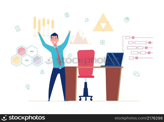 Happy businessman. Man stand near workplace, finance charts. Banking manager, office vector character. Business office and businessman at workplace, happy worker illustration. Happy businessman. Man stand near workplace, finance charts. Banking manager, office vector character