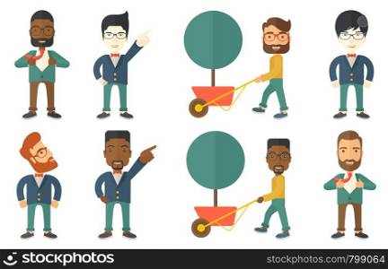 Happy businessman opening his jacket like superhero. Cheerful businessman superhero. Young businessman taking off his jacket like superhero. Set of vector illustrations isolated on white background.. Vector set of illustrations with business people.