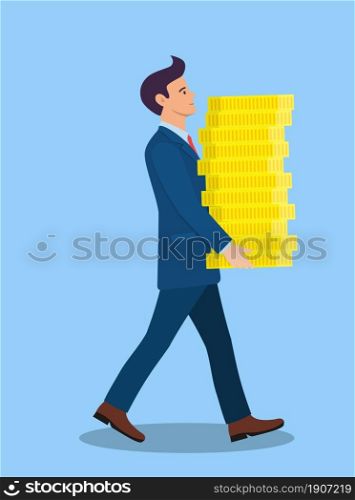 Happy businessman or manager carries big stack of gold coins money. Success in business or Wealth, banking, fortune, investment, achievement, graft concept. Vector illustration in flat style. businessman carries big stack of gold coins money.