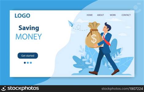 Happy businessman or manager carries large bag full of money. Success in business or Wealth, banking, investment, concept. Website Landing Page, Web Page. Vector illustration in flat style.. businessman carries big stack of gold coins money.
