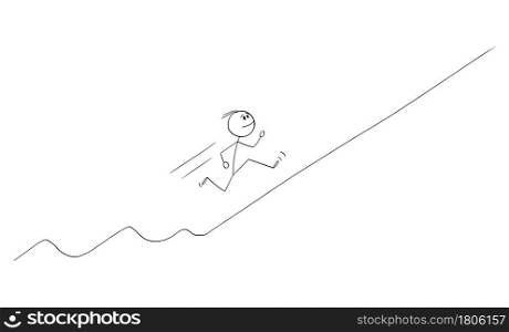 Happy businessman or person running uphill on rising financial graph , vector cartoon stick figure or character illustration.. Happy Man or Businessman Running Uphill Rising Financial Graph, Vector Cartoon Stick Figure Illustration