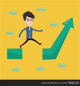 Happy businessman running on arrow going up. Businessman running on ascending graph and jumping over gap. Business growth and business solutions concept. Vector flat design illustration. Square layout. Businessman jumping over gap on arrow going up.