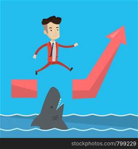 Happy businessman running on ascending graph and jumping over gap. Businessman jumping over ocean with shark. Business growth and business risks concept. Vector flat design illustration. Square layout. Businessman jumping over ocean with shark.