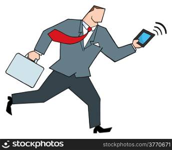 Happy Businessman Running With Briefcase And Tablet