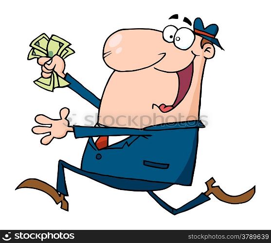Happy Businessman Running With Dollars In Hand