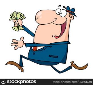 Happy Businessman Running With Dollars In Hand