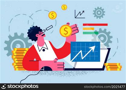 Happy businessman sit at desk work online on laptop sell on exchange market. Smiling male employee or trader consider finances busy on computer. Investment and banking. Flat vector illustration. . Smiling businessman trade online on laptop