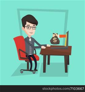 Happy businessman sitting at the table in office and a hand with bag of money coming out of his laptop. Businessman earning money from online business. Vector flat design illustration. Square layout.. Businessman earning money from online business.
