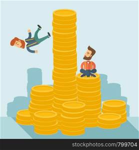 Happy businessman sitting with self confidence on the top of a coin while competitor feel sad on his falling down from higher piled coin as a symbol of unsuccessful business. A contemporary style with pastel palette soft blue tinted background. Vector flat design illustration. Square layout. . Two businessman