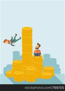 Happy businessman sitting with self confidence on the top of a coin while competitor feel sad on his falling down from higher piled coin as a symbol of unsuccessful business.A contemporary style with pastel palette soft blue tinted background. Vector flat design illustration.Vertical layout with text space on top part. . Two businessman
