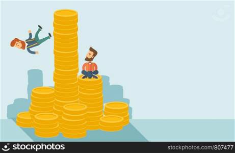 Happy businessman sitting with self confidence on the top of a coin while competitor feel sad on his falling down from higher piled coin as a symbol of unsuccessful business.A contemporary style with pastel palette soft blue tinted background. Vector flat design illustration. Horizontal layout with text space in right side. . Two businessman
