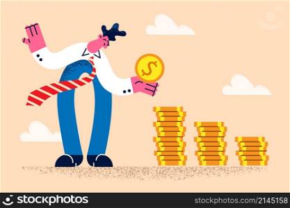 Happy businessman stack golden coins get dividend from successful investment. Smiling male employee or worker receive money income or profit. Financial success. Flat vector illustration.. Happy businessman stack coins get money dividend