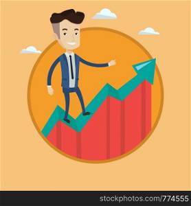 Happy businessman standing on growth graph. Caucasian cheerful businessman running along the growth graph. Business growth concept. Vector flat design illustration in the circle isolated on background. Businessman standing on uprising chart.