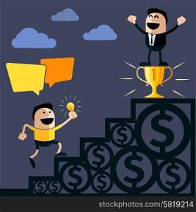 Happy businessman stands on pedestal cup money another person ascends to him steps and holding lightbulb idea cartoon flat design style