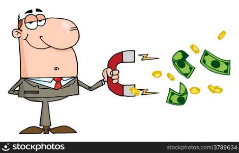 Happy Businessman Using A Magnet To Attracts Money