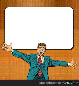 Happy businessman welcomes on white background, pop art retro vector illustration