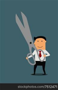Happy businessman with a large pair of sharp scissors in his hands. Businessman with a large pair of sharp scissors
