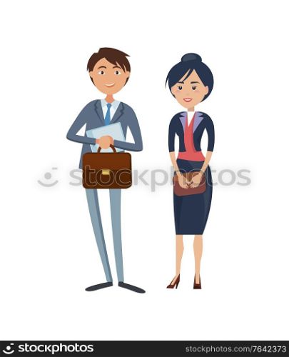 Happy businessman with briefcase and lady boss with perfect posture in pretty dress. Corporate work concept, business partners in cartoon style vector. Happy Businessman with Briefcase and Lady Boss