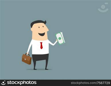 Happy businessman with briefcase and money in cartoon style for business design