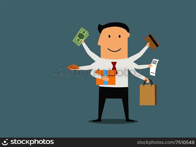 Happy businessman with many hands carrying money bills, bank credit card, golden coins, paper shopping bag, receipt and gift box after shopping. Cartoon flat style. Cartoon happy businessman after shopping