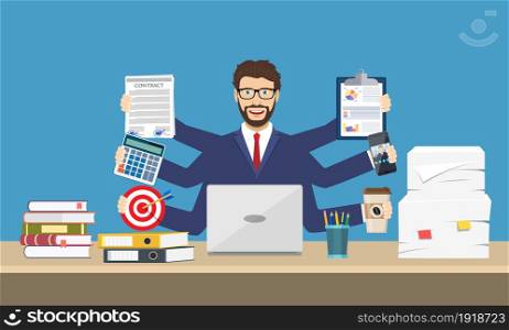 Happy businessman with many hands holding papers, coffee, mobile phone. Multitasking and productivity concept. Vector illustration in flat style. Happy businessman with many hands