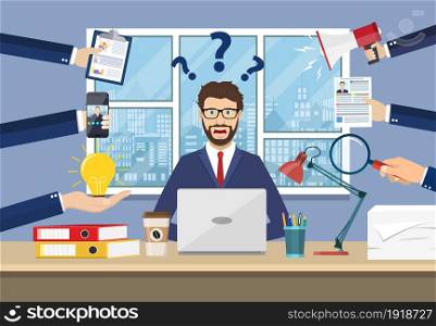 Happy businessman with many hands holding papers, coffee, mobile phone. Multitasking and productivity concept. Vector illustration in flat style. Happy businessman with many hands