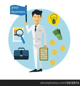 Happy businessman with money, briefcase and lamp, flat design style
