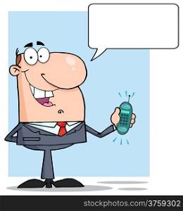 Happy Businessman With Phone Ringing And Speech Bubbles