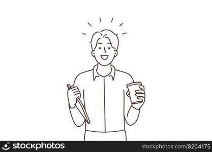 Happy businessman with tablet and coffee. Smiling motivated man employee or worker holding pad feel excited about working day. Vector illustration. . Happy businessman with tablet and coffee