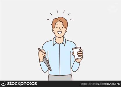 Happy businessman with tablet and coffee. Smiling motivated man employee or worker holding pad feel excited about working day. Vector illustration.. Happy businessman with tablet and coffee