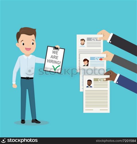 Happy businessman with text- we are hiring,different hands holding cv resume,job search concept,flat vector illustration
