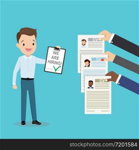 Happy businessman with text- we are hiring,different hands holding cv resume,job search concept,flat vector illustration