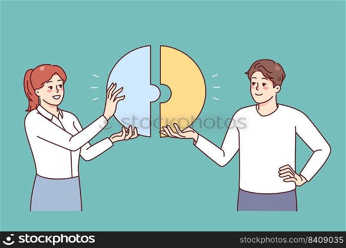 Happy businesspeople connect pieces of jigsaw find solution together. Smiling employees look for solution. Teamwork and problem solving. Flat vector illustration. . Happy businesspeople find solution together 