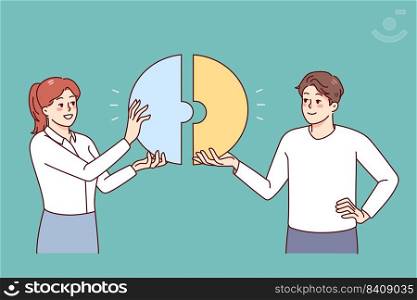 Happy businesspeople connect pieces of jigsaw find solution together. Smiling employees look for solution. Teamwork and problem solving. Flat vector illustration. . Happy businesspeople find solution together 