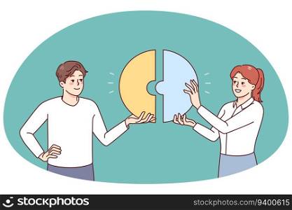 Happy businesspeople connect pieces of jigsaw find solution together. Smiling employees look for solution. Teamwork and problem solving. Flat vector illustration.. Happy businesspeople find solution together