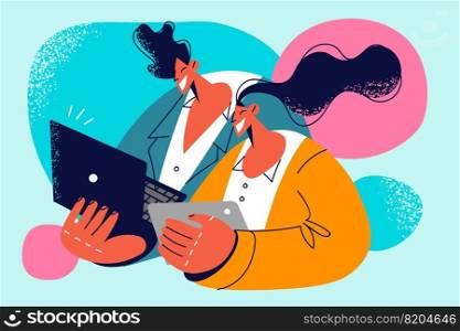 Happy businesspeople cooperate working on gadgets together in office. Smiling colleagues brainstorm collaborate on devices. Teamwork concept. Vector illustration.. Businesspeople working together on gadgets