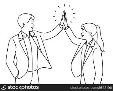 Happy businesspeople give high five celebrate shared business success. Smiling employees excited with good work results or promotion. Vector illustration. . Smiling businesspeople give high five 